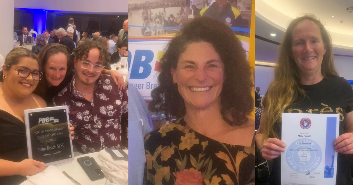 Yasmina Phadel, Mary Farrell and Clayton Kimeklis, Louise Ruff, and Mary Farrell - Palm Beach members recognised at the Point Danger Branch Annual Awards night for season 21-22. 