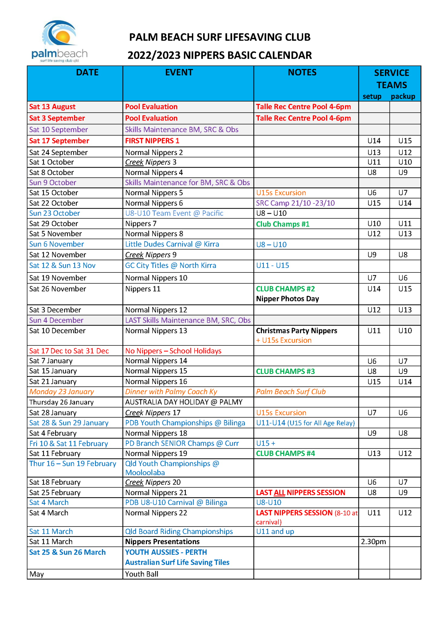 Nipper Calendar Surf Lifesaving Club